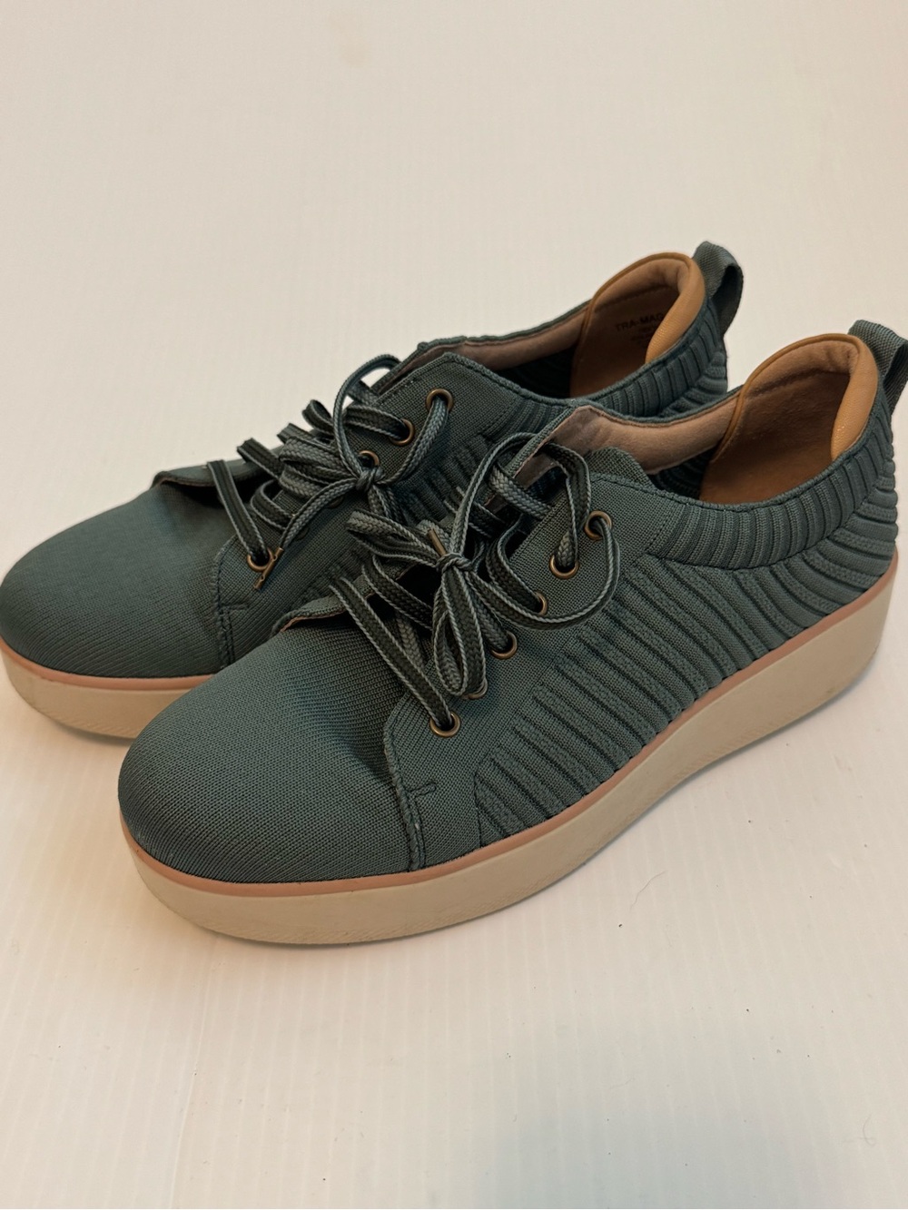 Traq by Alegria Olive Green Knit Platform Lace-Up Sneakers **see note